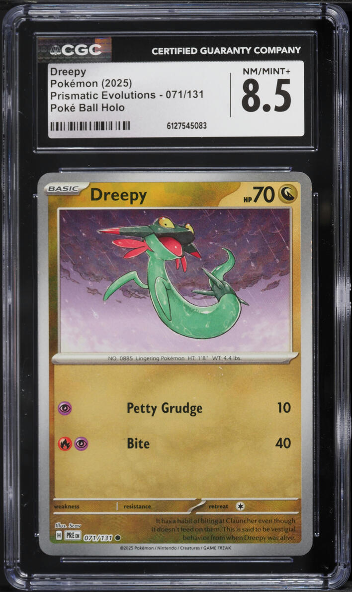 2025 Pokemon Scarlet & Violet Prismatic Evolutions Poke Ball Holo Dreepy #71 CGC 8.5 NM-MT+