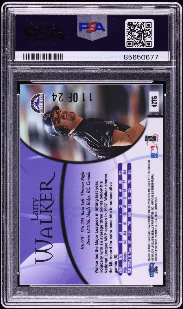 1999 Fleer Brilliants 24kt Gold Larry Walker /24 #42TG PSA 9 MINT - Photo 2