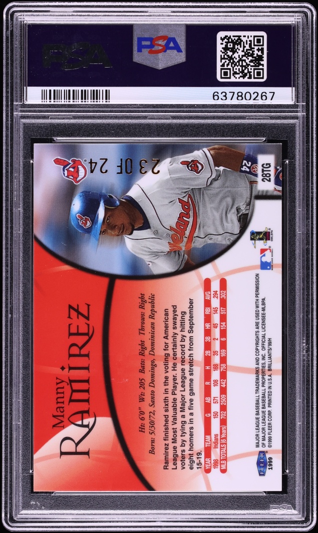 1999 Fleer Brilliants 24kt Gold Manny Ramirez /24 #28TG PSA 8 NM-MT - Photo 2