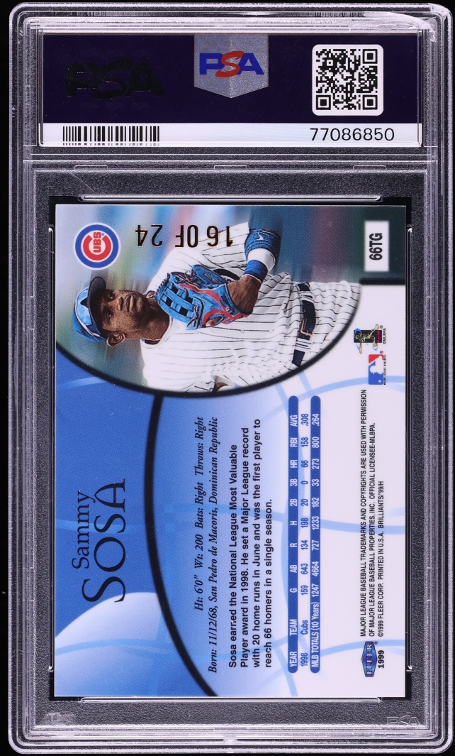 1999 Fleer Brilliants 24KT Gold Sammy Sosa /24 #66TG PSA 8 NM-MT - Photo 2