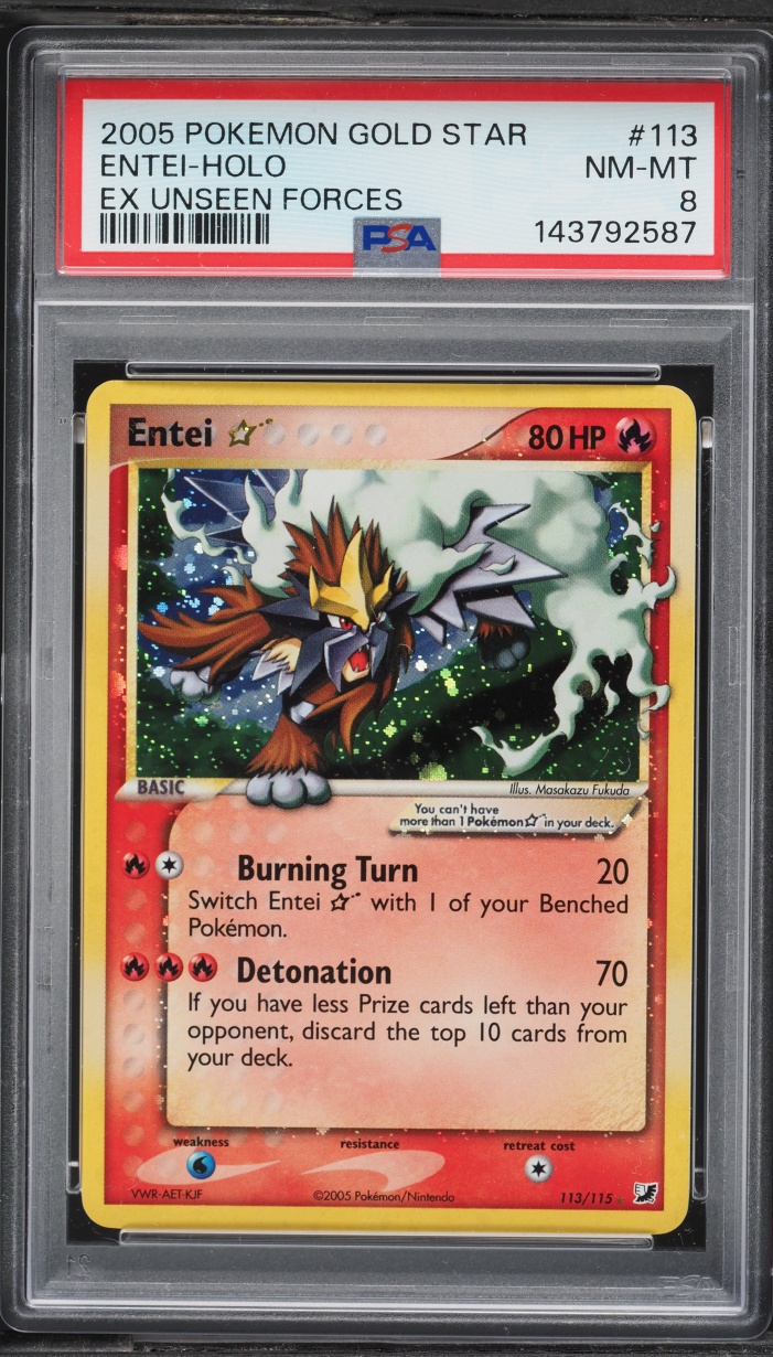 2005 Pokemon EX Unseen Forces Holo Entei Gold Star #113 PSA 8 NM-MT