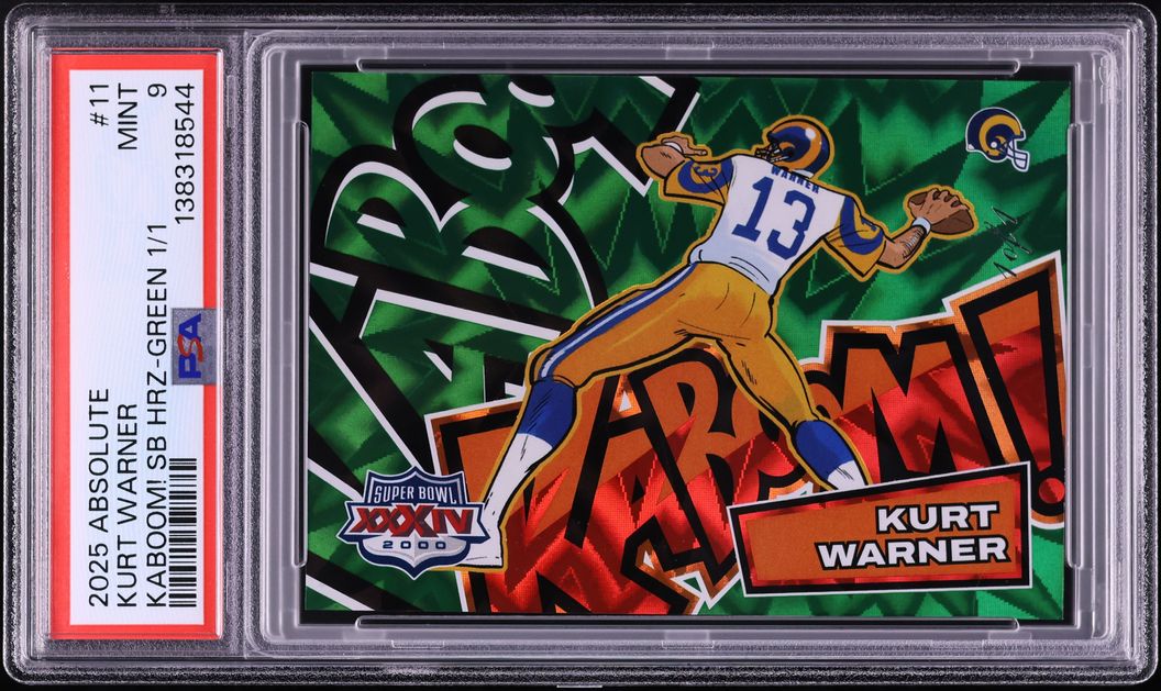 2025 Absolute Kaboom! Super Bowl Horizontal Green Kurt Warner 1/1 #11 PSA 9 MINT