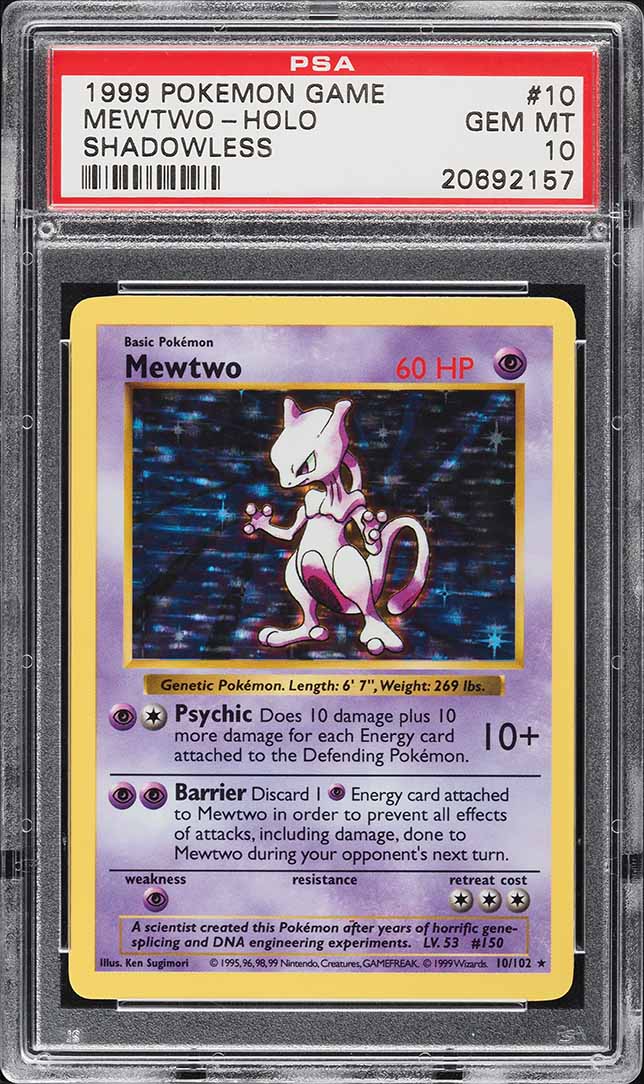 Mewtwo Holo 10/102 - 1999 Pokémon WOTC 1999 Pokemon Base Set Shadowless Holo Mewtwo #10 PSA 10 GEM