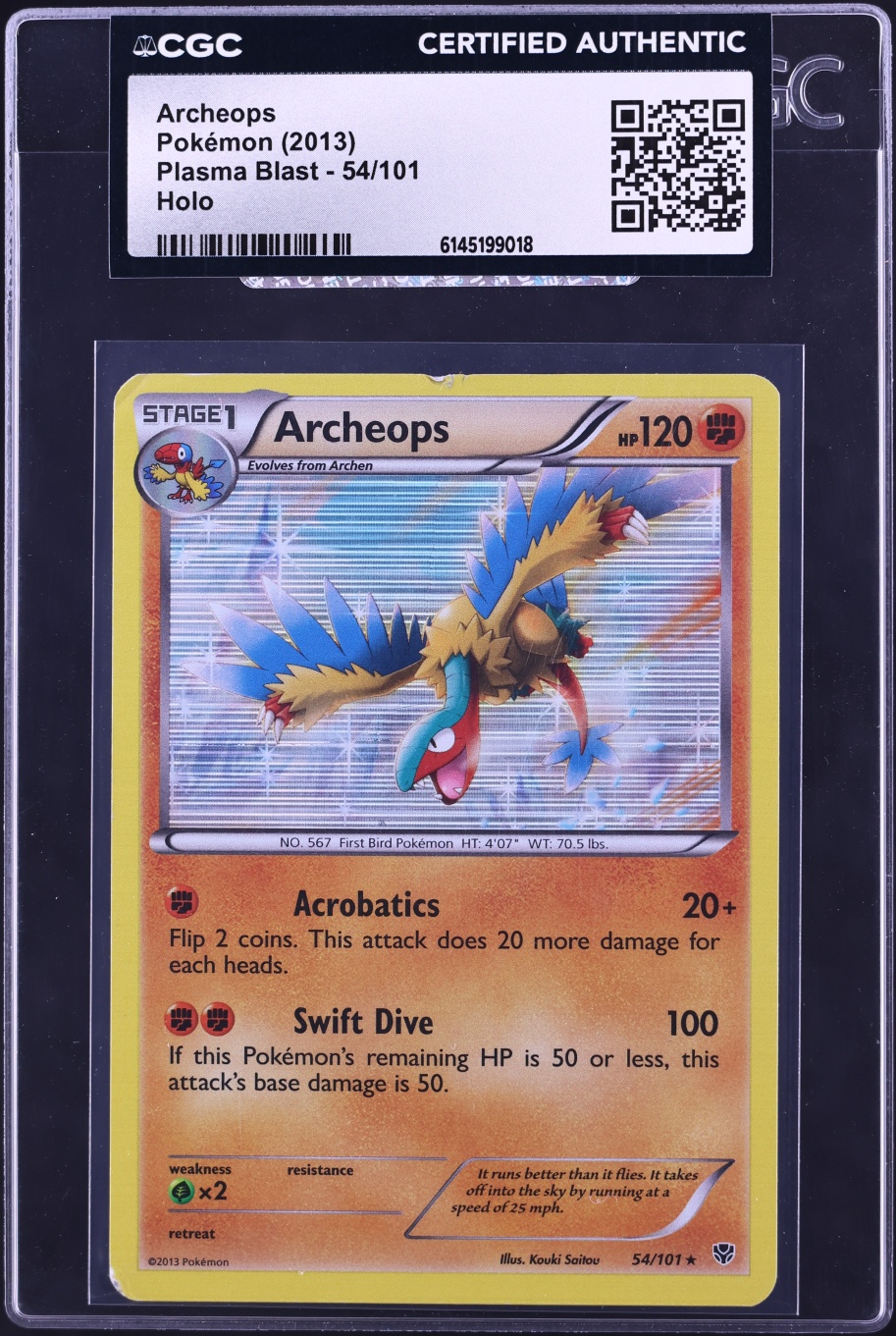 2013 Pokemon Plasma Blast Holo Archeops #54 CGC AUTH