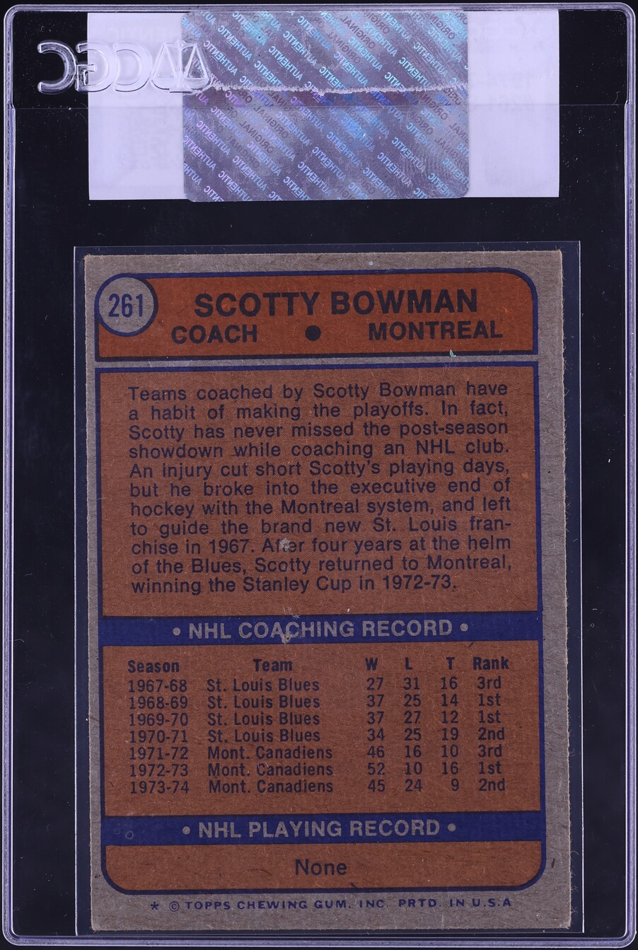 1974 Topps Hockey Scotty Bowman #261 CGC AUTH