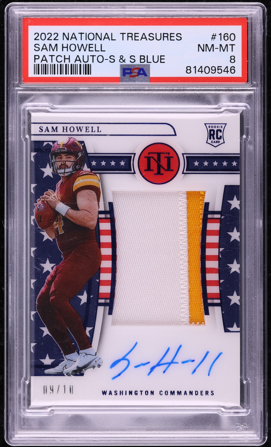 2022 National Treasures S & S Blue Sam Howell ROOKIE PATCH AUTO /10 #160 PSA 8