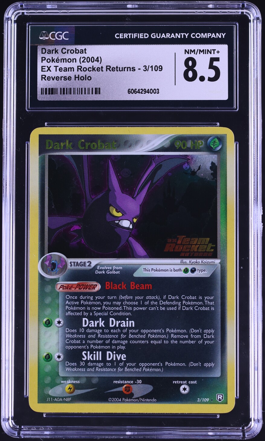 2004 Pokemon EX Team Rocket Returns Reverse Holo Dark Crobat #3 CGC 8.5 NM-MT+ - Main Image