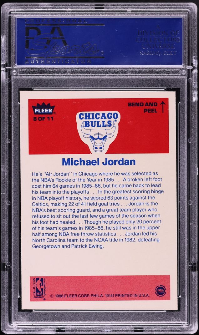 1986 Fleer Sticker Michael Jordan ROOKIE #8 PSA 9 MINT - Photo 2