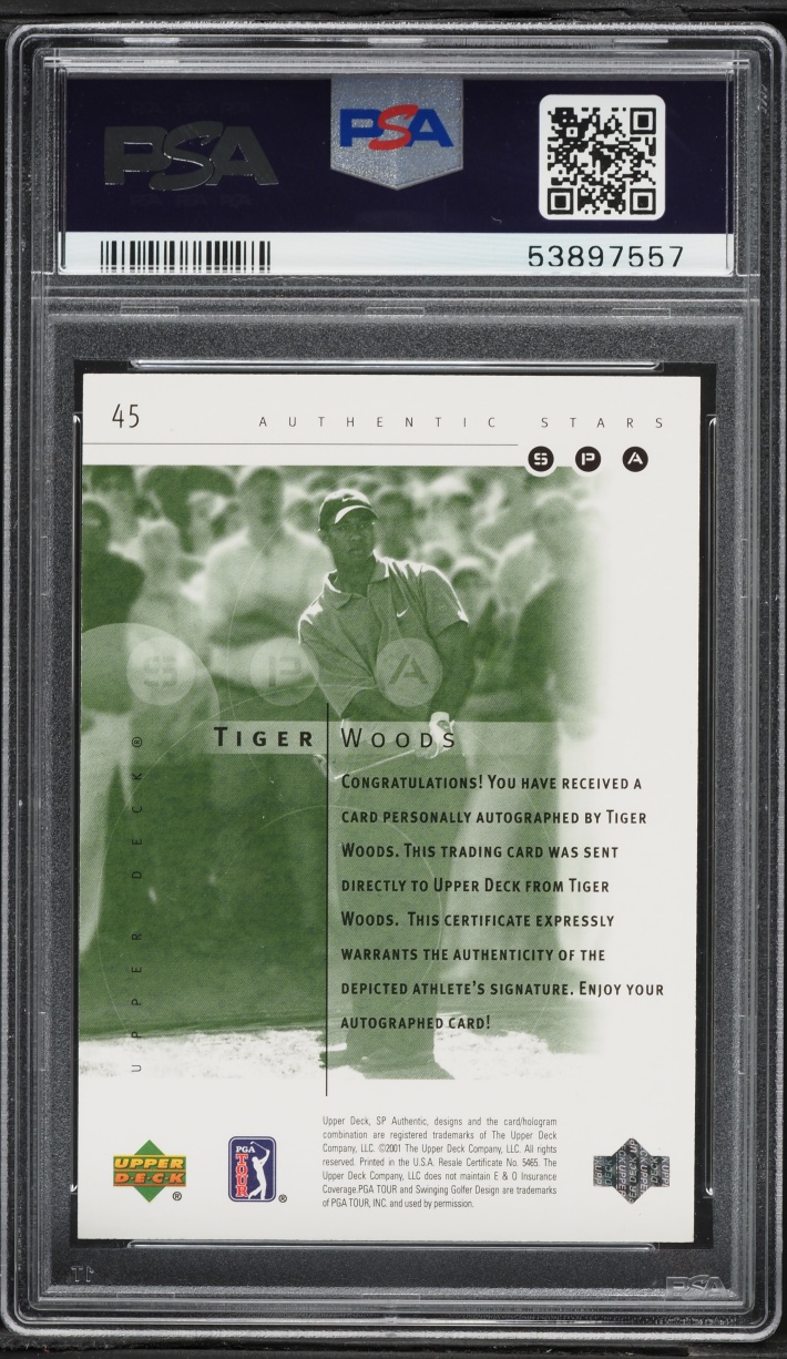 2001 SP Authentic Golf Stars Tiger Woods ROOKIE AUTO /900 #45 PSA 9 MINT - Photo 2