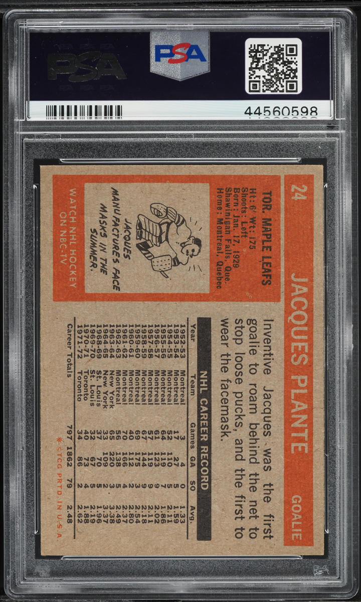 1972 Topps Hockey Jacques Plante #24 PSA 7 NRMT