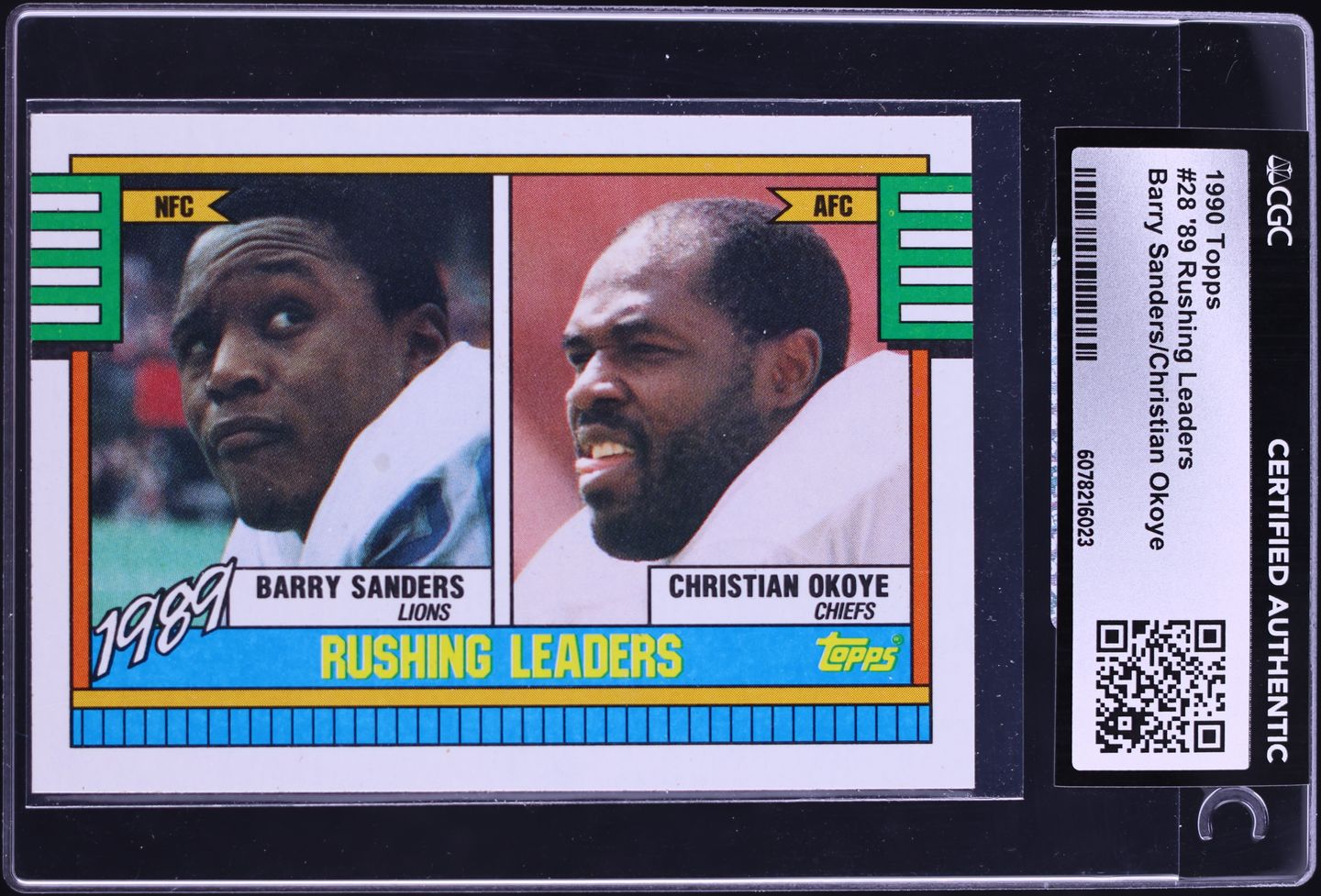 1990 Topps Football Barry Sanders & Christian Okoye RUSHING LEADERS #28 CGC AUTH