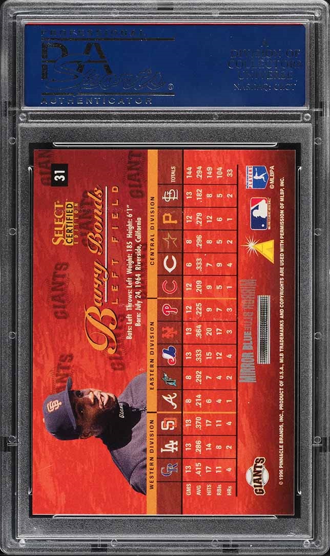 1996 Select Certified Mirror Blue Barry Bonds /45 #31 PSA 10 GEM MINT - Photo 2