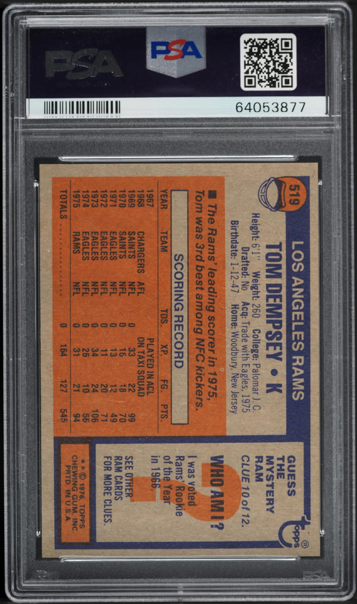 1976 Topps Football Tom Dempsey #519 PSA 10 GEM MINT