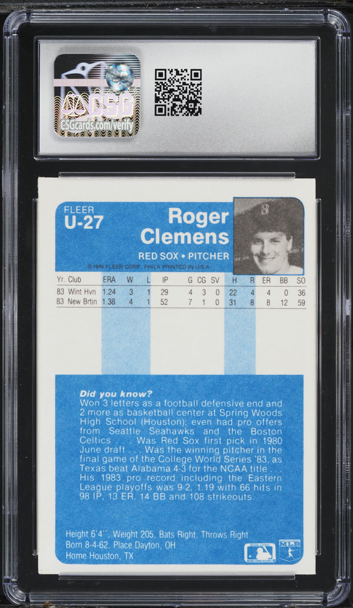 1984 Fleer Update Roger Clemens ROOKIE #U-27 CSG 7.5 NRMT+