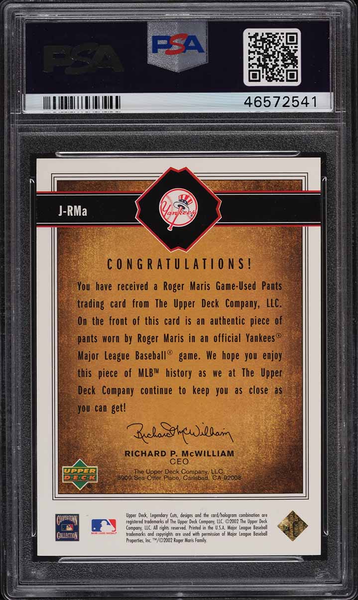 2002 SP Legendary Cuts Game Jersey Roger Maris PATCH #J-RMa PSA 10 GEM MINT