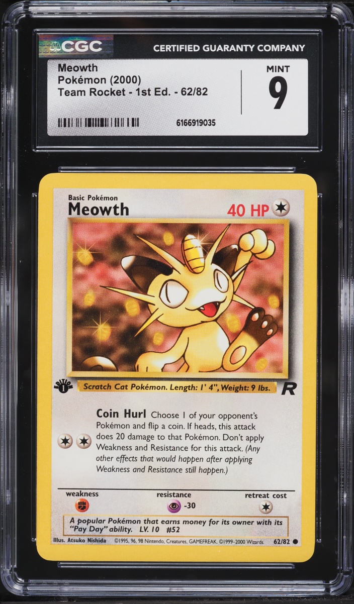 2000 Pokemon Team Rocket 1st Edition Meowth #62 CGC 9 MINT