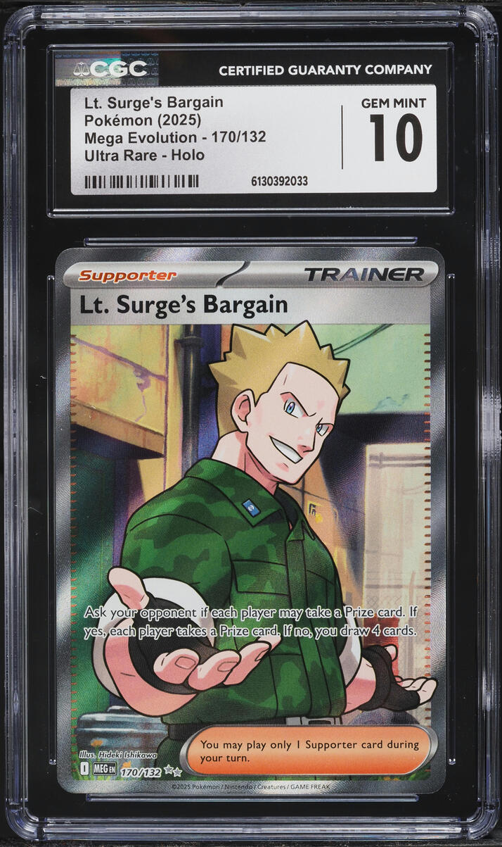 2025 Pokemon Mega Evolution Full Art Lt. Surge's Bargain #170 CGC 10 GEM MINT