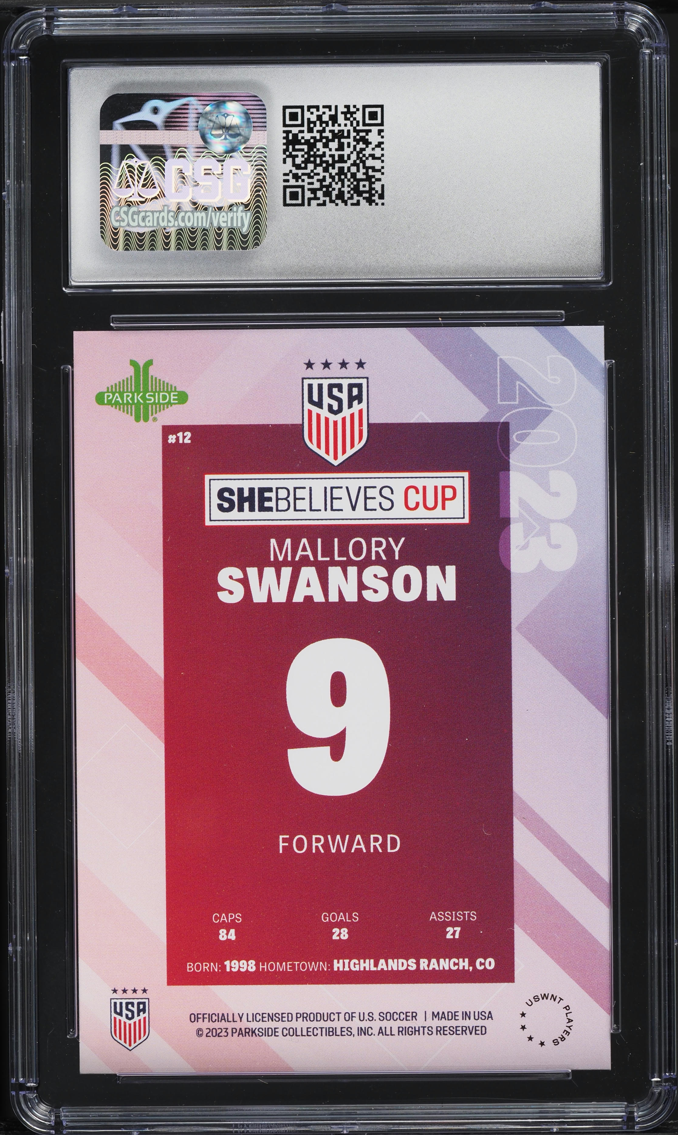 2023 Parkside USWNT SheBelieves Cup Mallory Swanson #12 CSG 8.5 NM-MT+