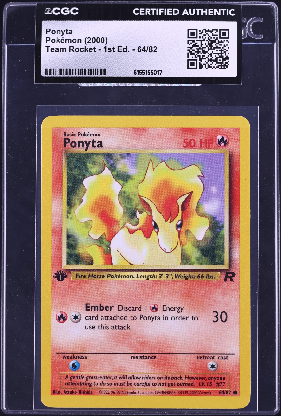 2000 Pokemon Team Rocket 1st Edition Ponyta #64 CGC AUTH