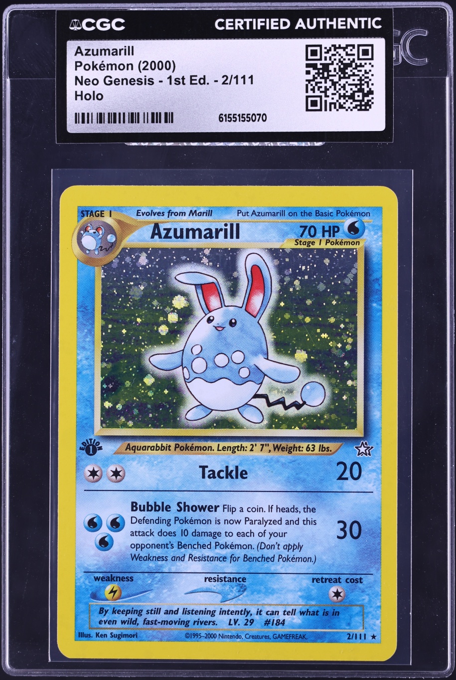 2000 Pokemon Neo Genesis 1st Edition Holo Azumarill #2 CGC AUTH