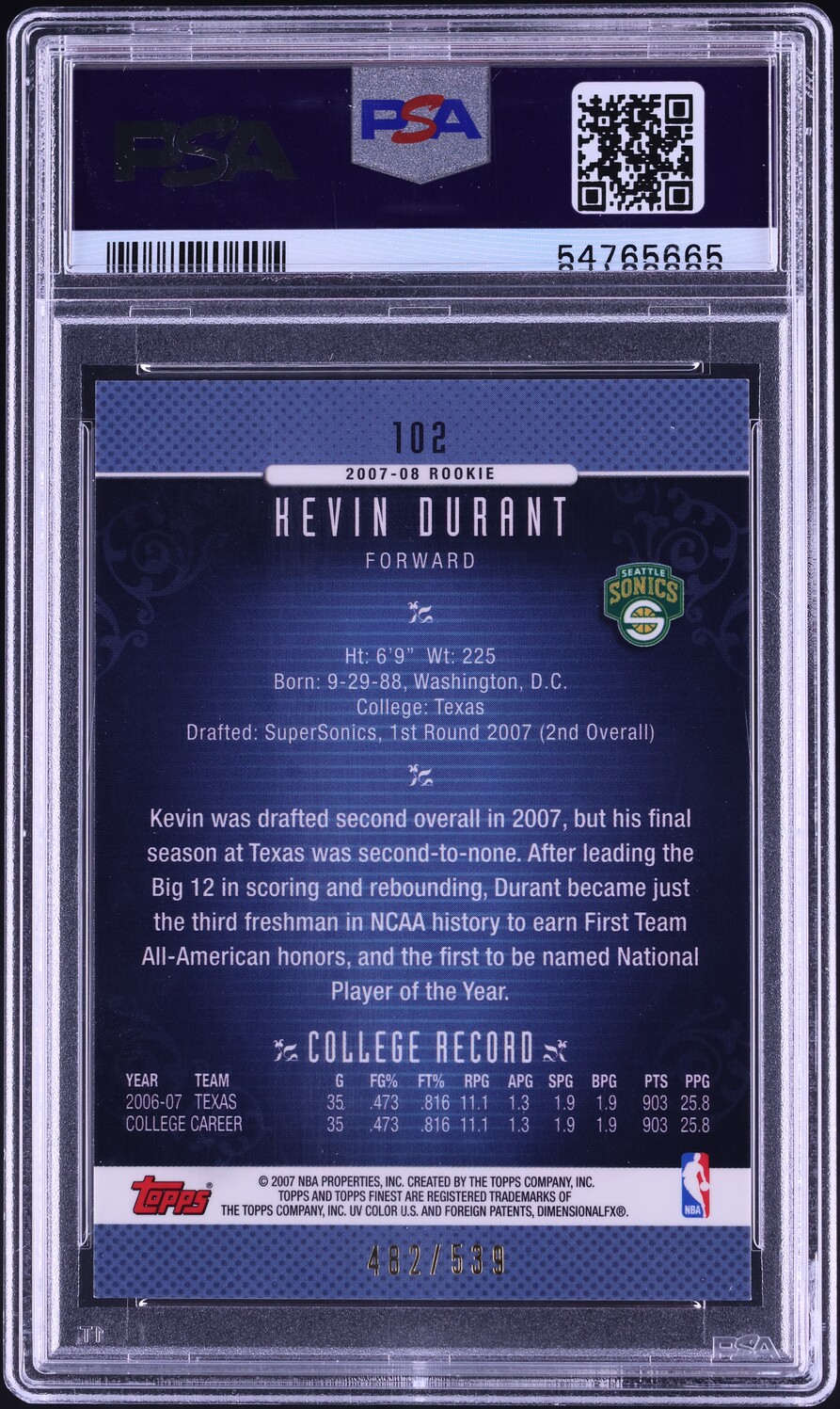 2006 Finest Basketball Kevin Durant ROOKIE /539 #102 PSA 10 GEM MINT