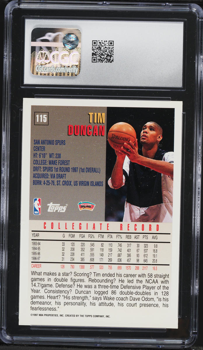 1997 Topps Basketball Tim Duncan ROOKIE #115 CGC 10 GEM MINT
