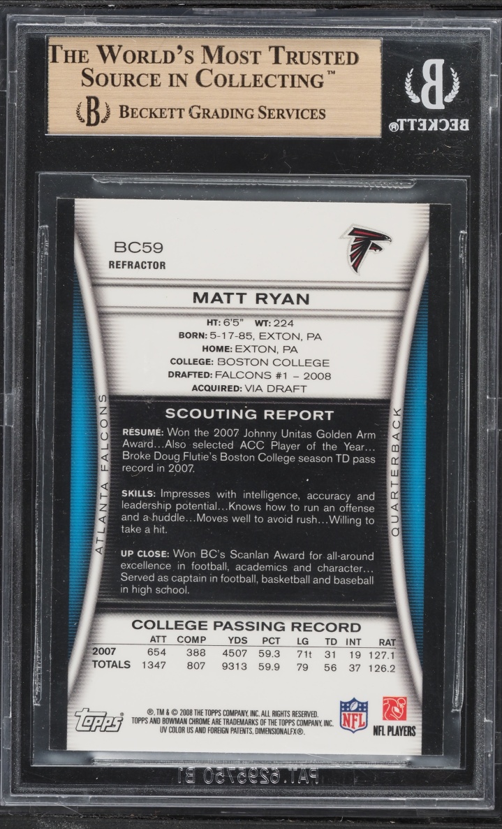 2008 Bowman Chrome Refractor Matt Ryan ROOKIE #BC59 BGS 9.5 GEM MINT