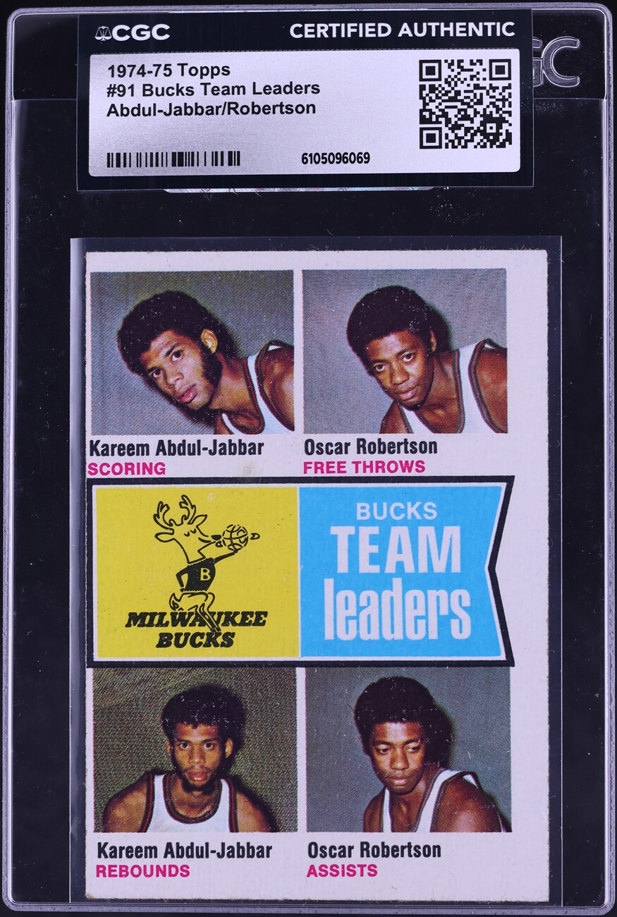 1974 Topps Basketball Kareem Abdul-Jabbar Oscar Robertson TEAM LDRS #91 CGC AUTH