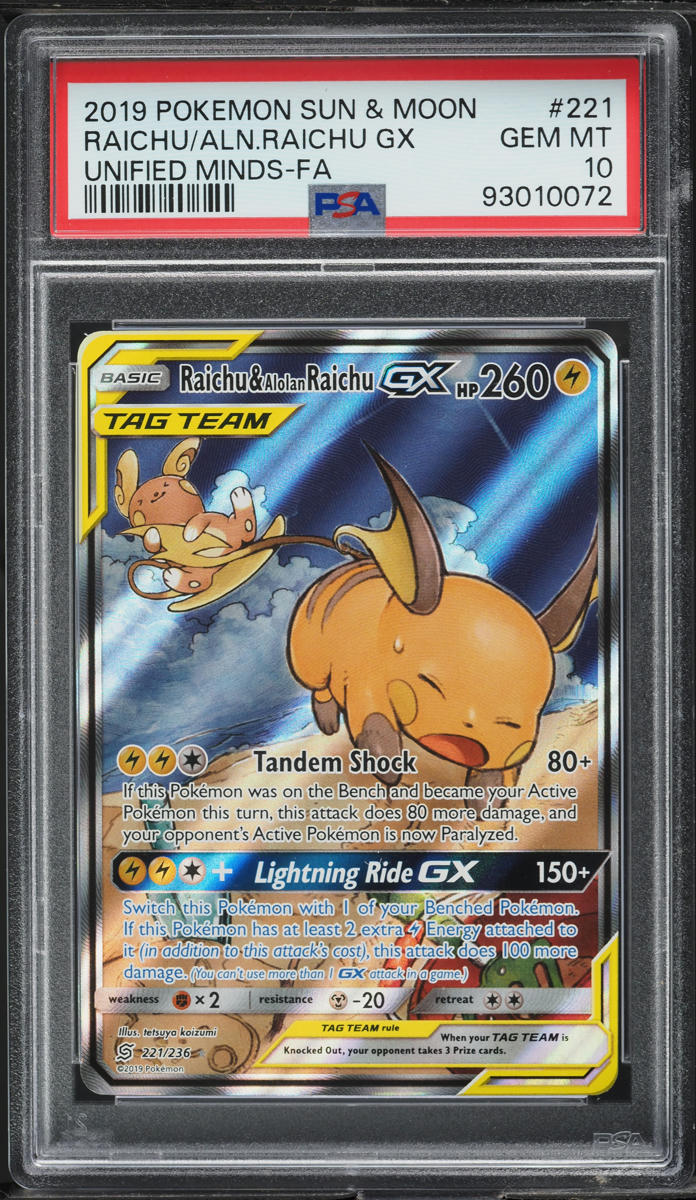 2019 Pokemon SM Unified Minds Alt Art Raichu & Alolan Raichu GX #221 PSA 10 GEM