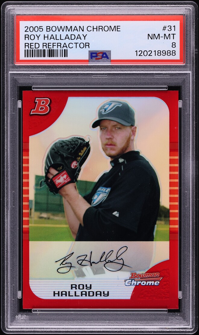2005 Bowman Chrome Red Refractor Roy Halladay 5/5 #31 PSA 8 NM-MT - Photo 1