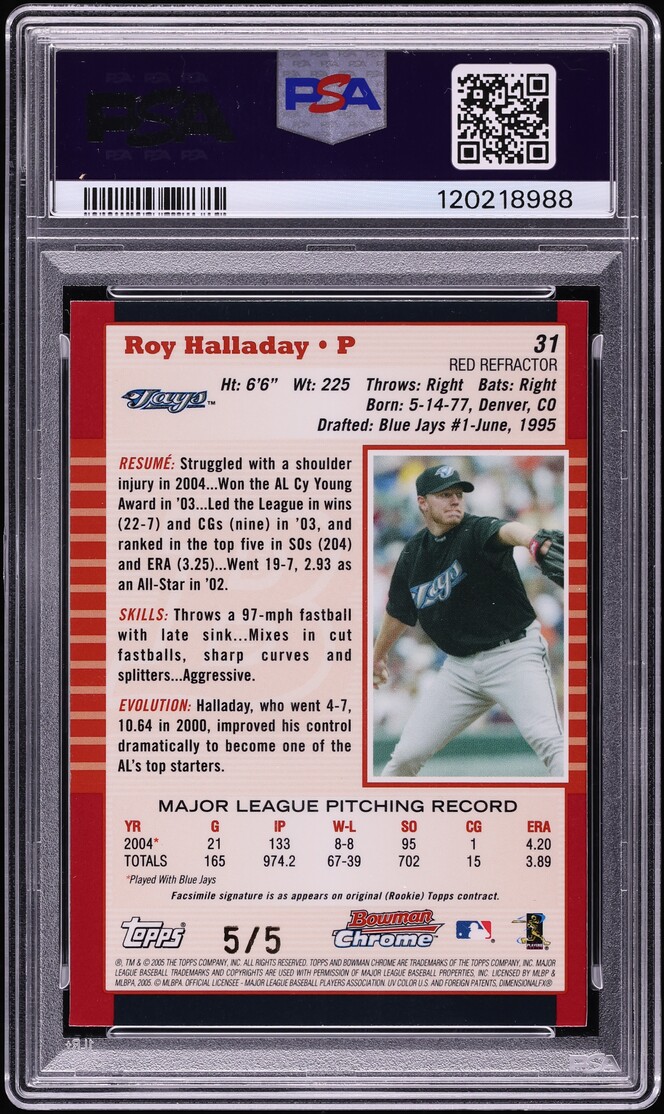 2005 Bowman Chrome Red Refractor Roy Halladay 5/5 #31 PSA 8 NM-MT - Photo 2