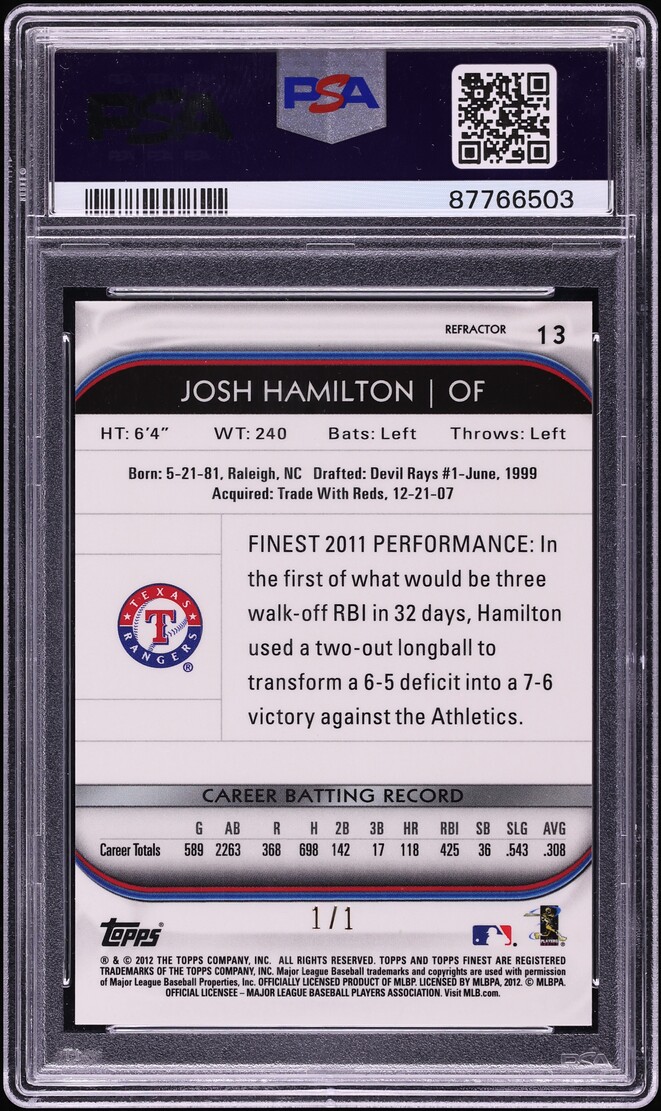 2012 Finest Superfractor Josh Hamilton 1/1 #13 PSA 9 MINT - Photo 2
