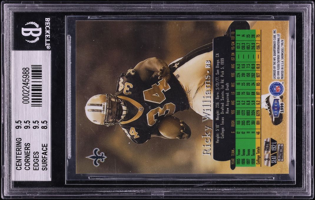 1999 Flair Showcase Legacy Collection Ricky Williams ROOKIE /99 #192 BGS 9 MINT - Photo 2