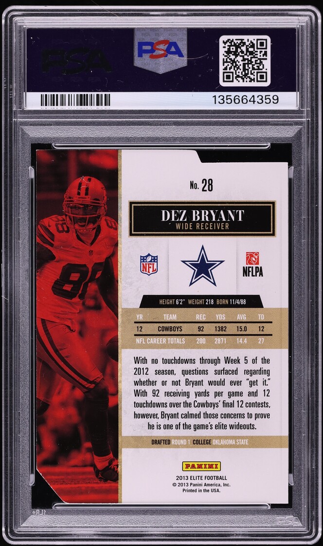 2013 Panini Elite Black Status Die-Cut Dez Bryant 1/1 #28 PSA 8 NM-MT - Photo 2