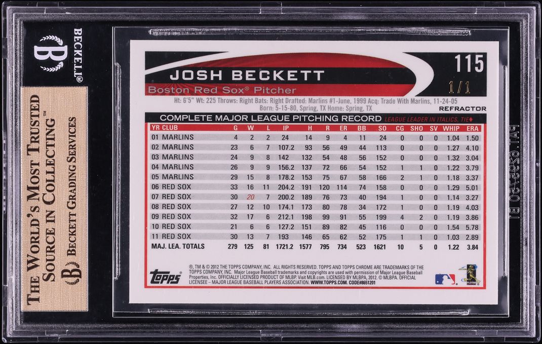2012 Topps Chrome Superfractor Josh Beckett 1/1 #115 BGS 9.5 GEM MINT - Photo 2
