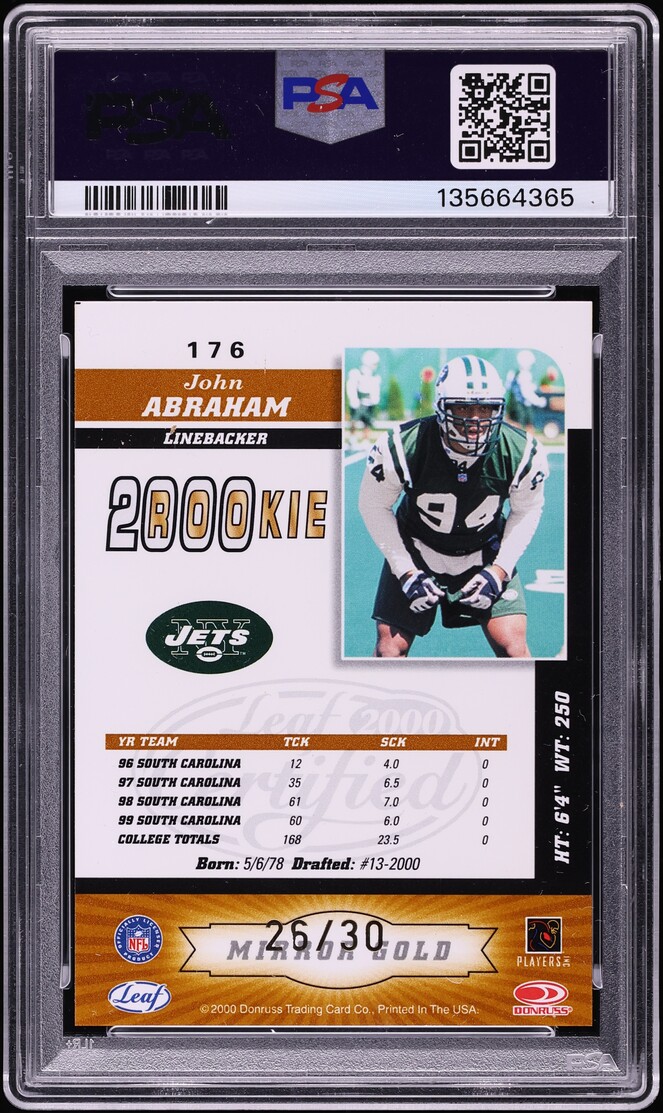 2000 Leaf Certified 3 Star Mirror Gold John Abraham ROOKIE /30 #176 PSA 9 MINT - Photo 2
