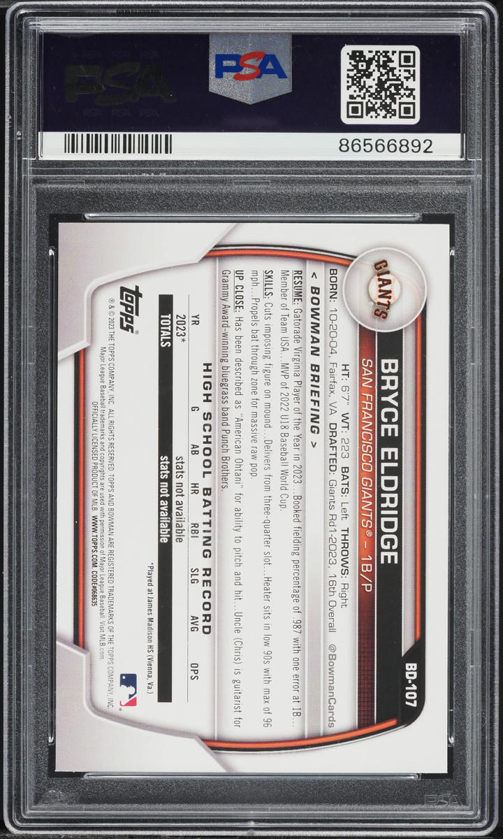 2023 Bowman Draft Green Bryce Eldridge PROSPECT /99 #BD-107 PSA 9 MINT