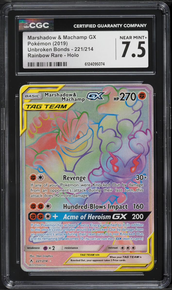 2019 Pokemon Sun & Moon Unbroken Bonds Rainbow Rare Marshadow & Machamp GX #221 CGC 7.5 NRMT+