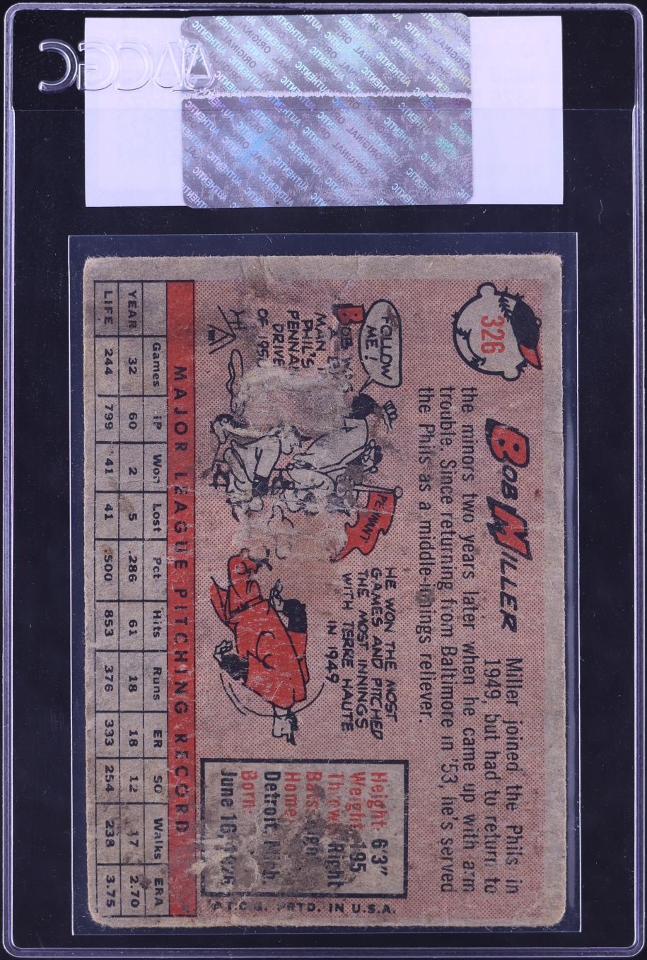 1958 Topps Bob Miller #326 CGC AUTH
