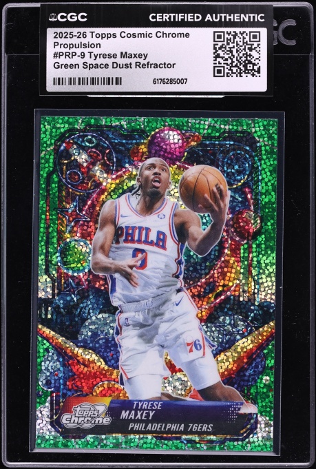 2025 Topps Chrome Cosmic Propulsion Green Space Dust Refractor Tyrese Maxey /75 #PRP-9 CGC AUTH