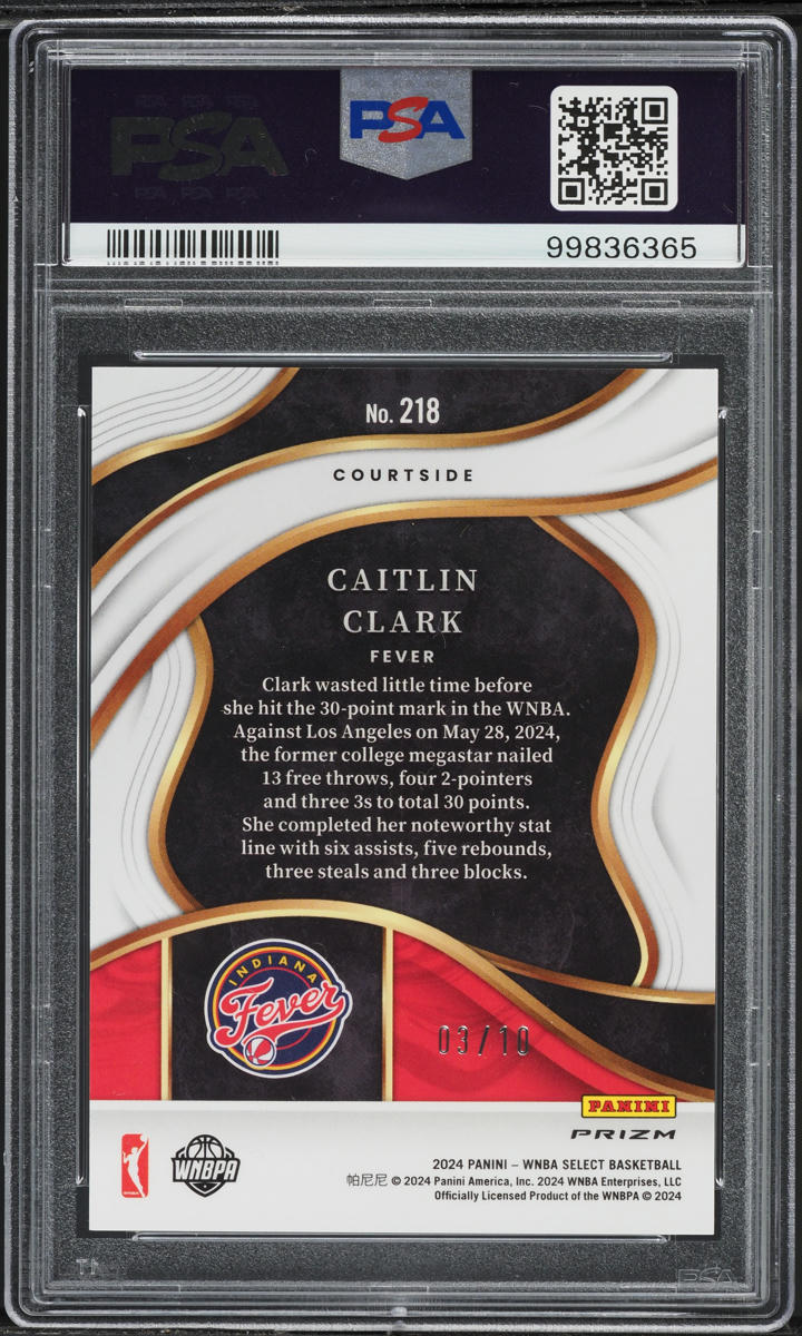 2024 Select WNBA Gold Courtside Prizm Caitlin Clark ROOKIE /10 #218 PSA 10 GEM