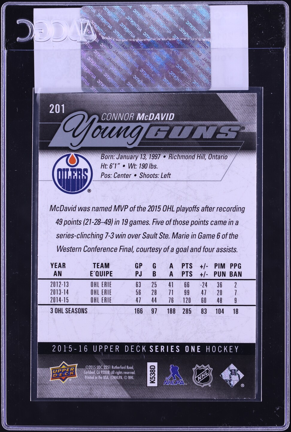 2015 Upper Deck Young Guns Connor McDavid ROOKIE #201 CGC AUTH