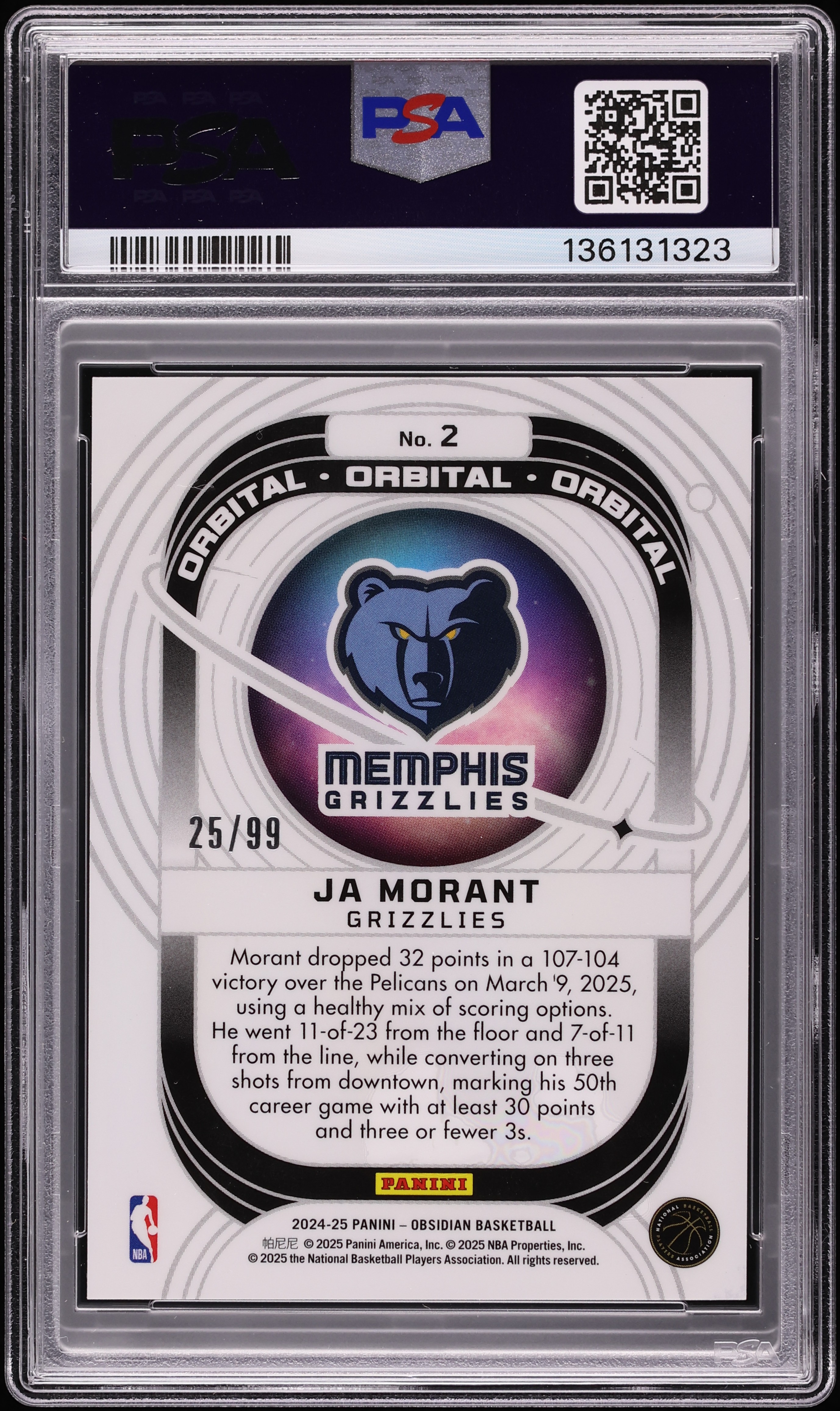 2024 Panini Obsidian Orbital Electric Etch Orange Flood Ja Morant