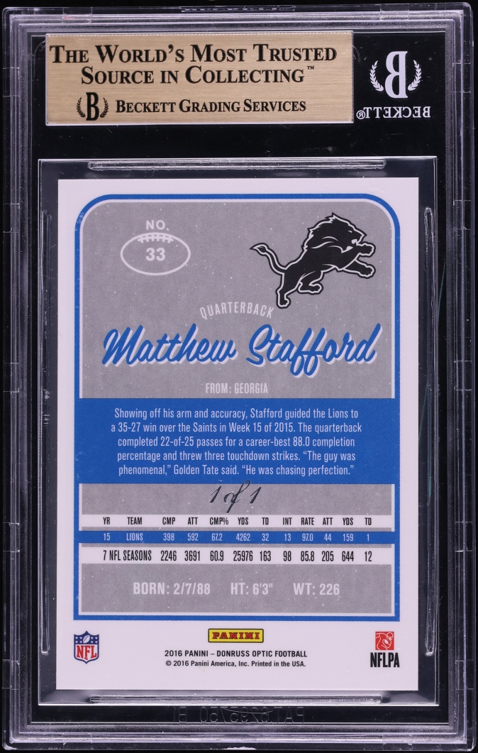 2016 Donruss Optic Gold Vinyl Matthew Stafford 1/1 #33 BGS 10 PRISTINE - Photo 2
