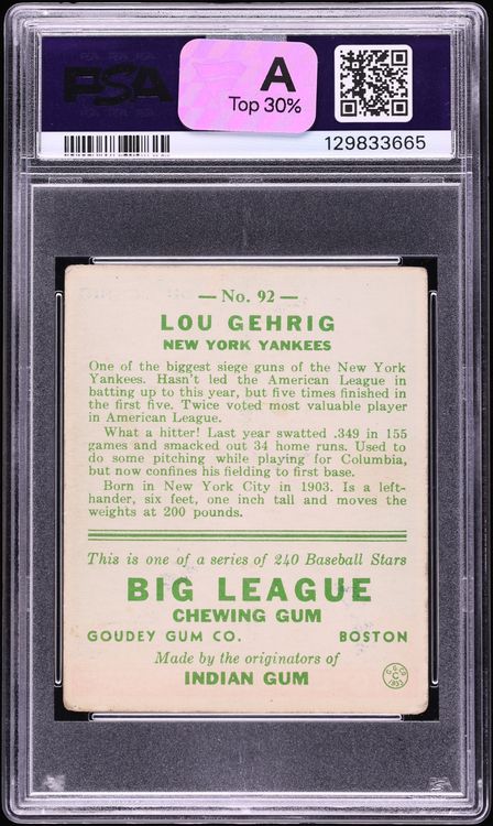 1933 Goudey Lou Gehrig #92 PSA 2.5 GD+