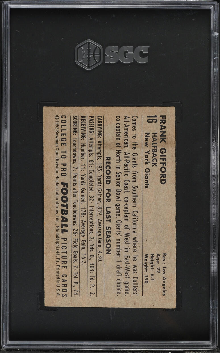 1952 Bowman Small Frank Gifford ROOKIE #16 SGC 5 EX