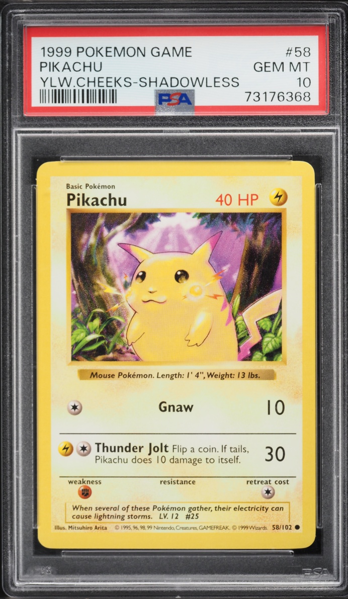 1999 Pokemon Base Set Shadowless Yellow Cheeks Pikachu #58 PSA 10 GEM MINT