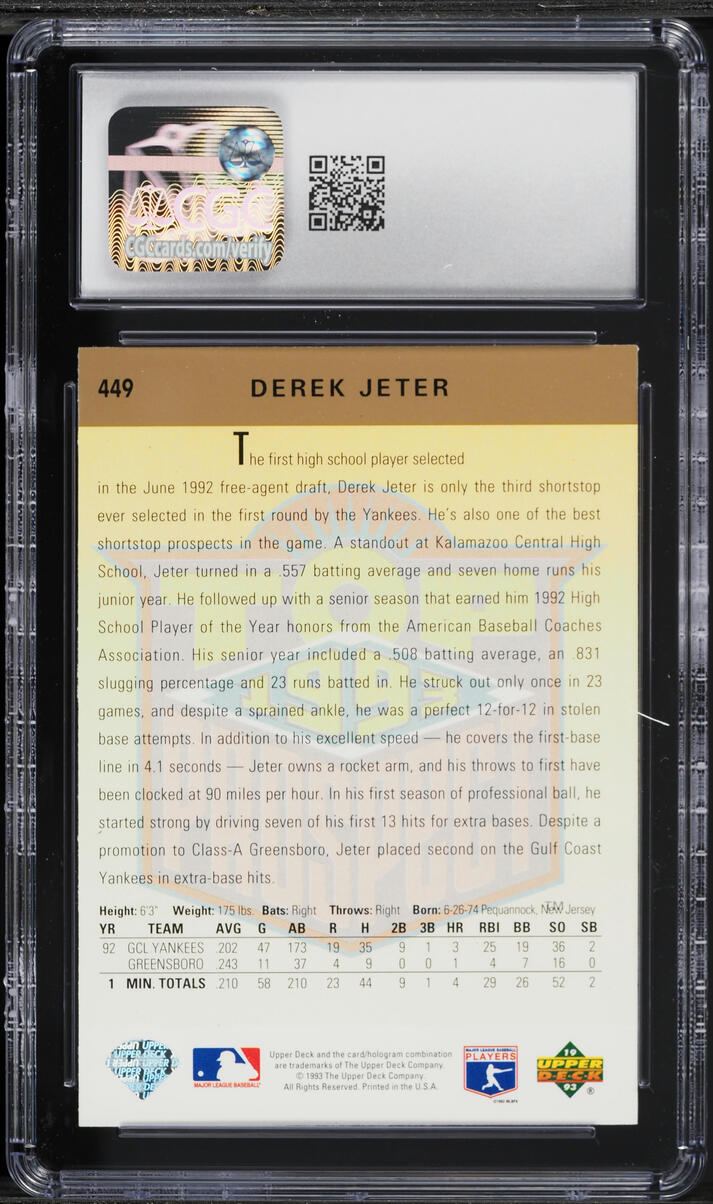 1993 Upper Deck Top Prospect Derek Jeter ROOKIE #449 CGC 9 MINT