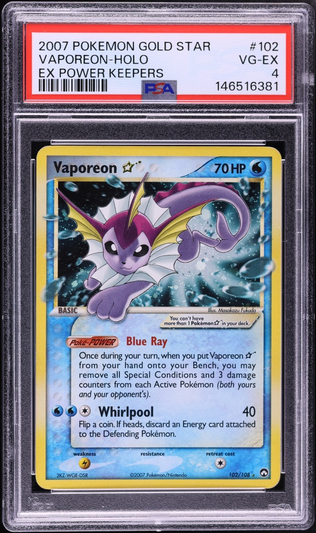 2007 Pokemon EX Power Keepers Holo Vaporeon Gold Star #102 PSA 4 VGEX