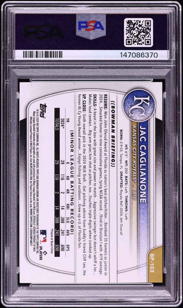 2025 Bowman Paper Jac Caglianone PROSPECT #BP-103 PSA 8 NM-MT